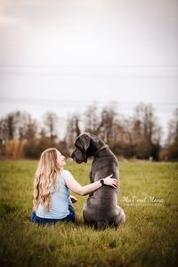 Foto-Deutsche-Dogge-mit-Besitzerin-sitzend-und-anschauend