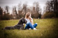 Foto-Deutsche-Dogge-und-Besitzerin-auf-Wiese