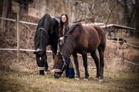 Fotografie-Besitzerin-mit-zwei-grasenden-Pferden